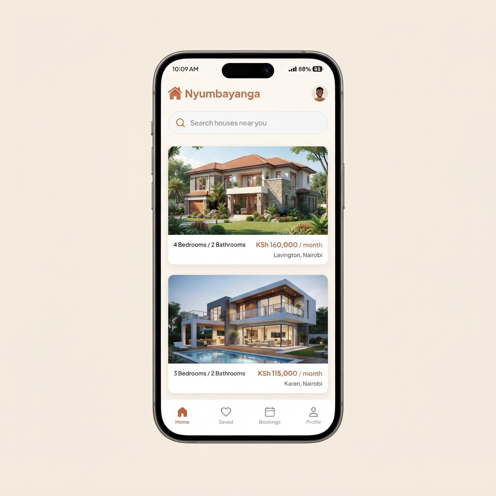 Nyumbayanga app showing house rental listings on a smartphone